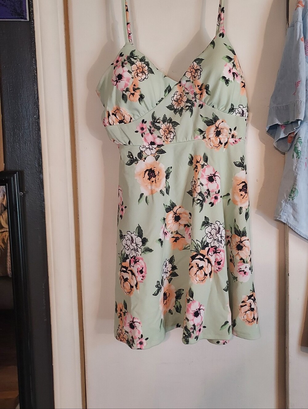Almost Famous Mint Green Floral Sundress with Pink and Peach Blooms